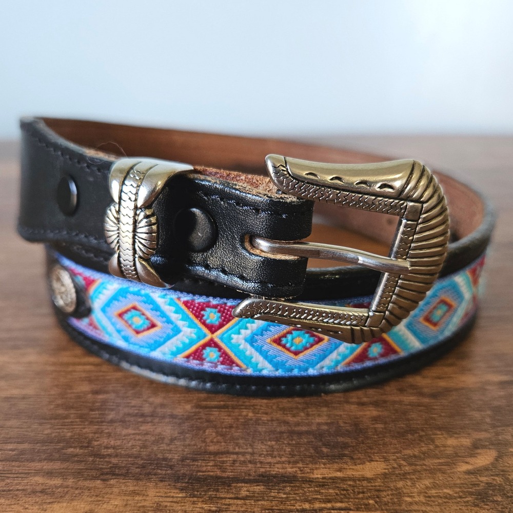 Vtg 80s 90s Black Leather Southwest Woven Inlay Ranger Belt Size 28 USA Made